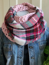 Load image into Gallery viewer, Blush Elegance Handcrafted Crochet &amp; Plaid Infinity Scarf
